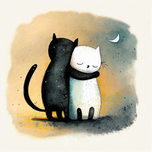 Cat Hug Wall Art: Two adorable cats in a hug. One black cat and one white cat