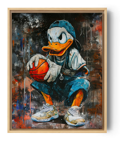 Tableau graffiti stylisé de personnage de dessin animé jouant au basket, ambiance urbaine et sportive