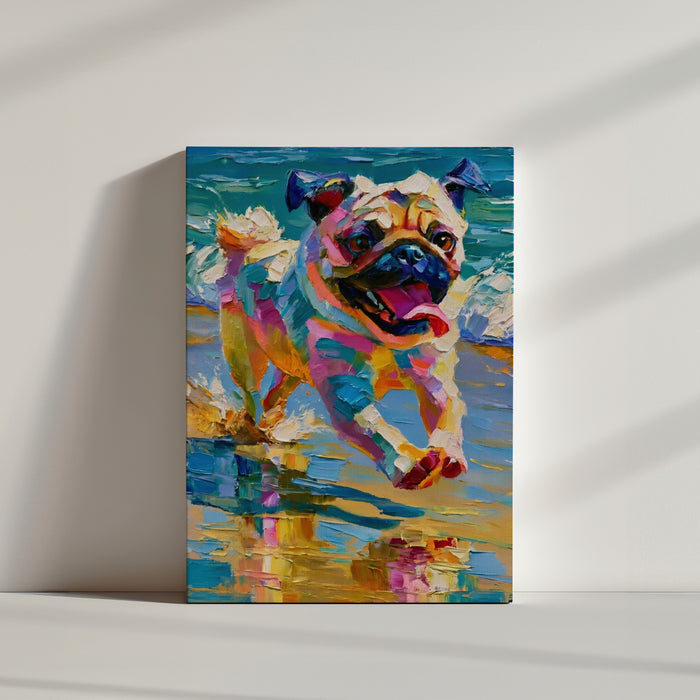 Tableau animaux carlin coloré courant dans l'eau peinture au couteau ambiance minimaliste mur blanc
