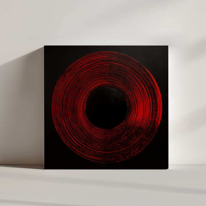 'Red Circle' minimalist artwork: red circle glowing from darkness on black