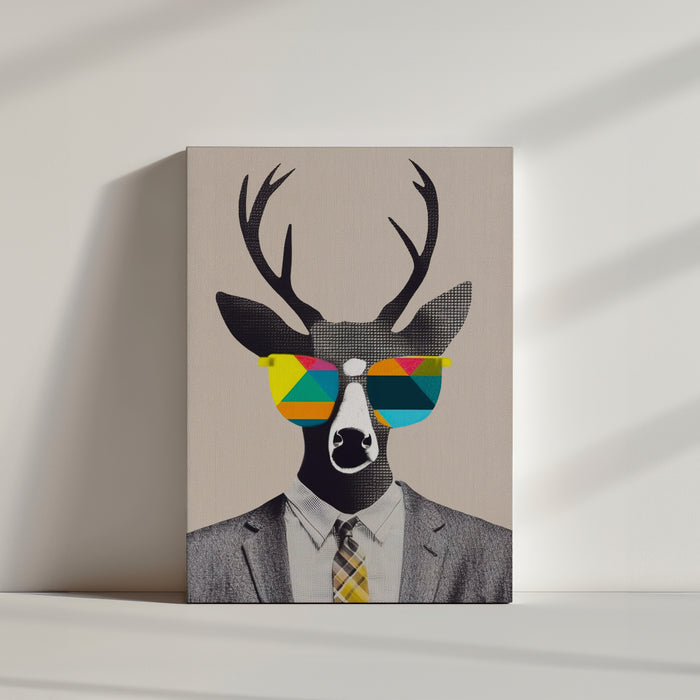 Graphic deer-in-suit portrait (gray suit, yellow tie) — vintage pop art collage, surreal neo‑Dada; colorful geometric glasses, beige backdrop highlighting the contrast between the stippled head and realistic clothing