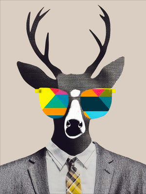 Graphic portrait of a deer in a gray suit with a yellow tie. Vintage pop-art collage. Surreal. Neo-Dada. He wears vivid geometric glasses. The beige background enhances the contrast between the dotted style of the head and the realistic suit.