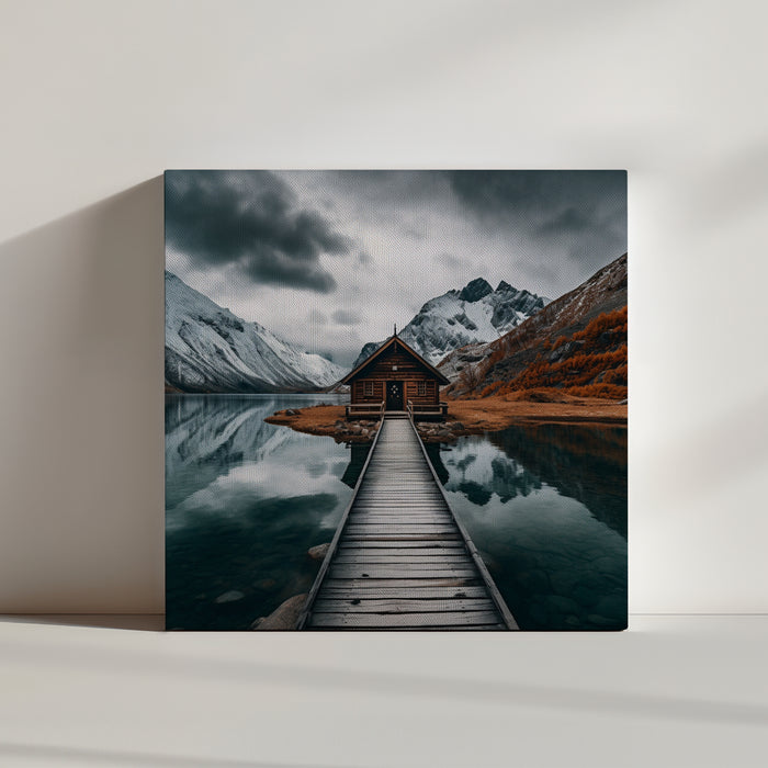 Alpine wooden cabin by a peaceful mountain lake with snow-capped peaks; pier guiding the eye to the cozy cabin - soothing nature wall art