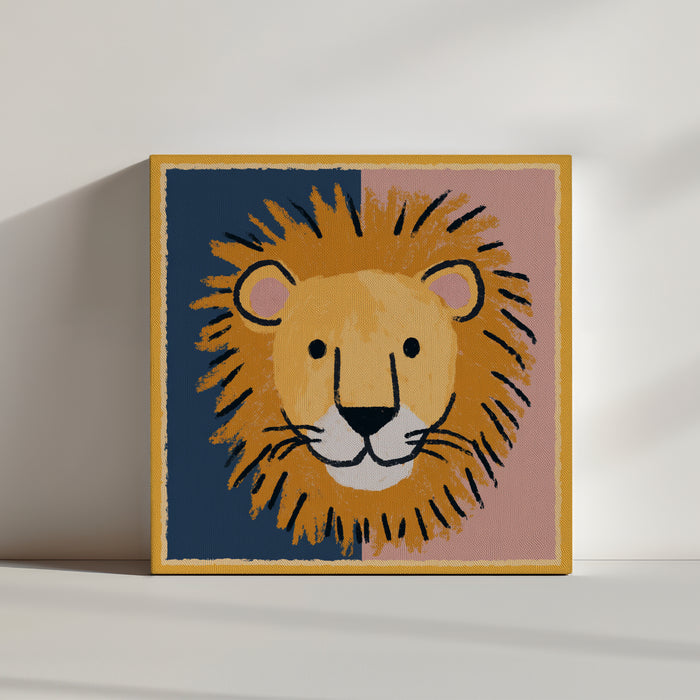 Smiling mustard-yellow lion nursery poster on blue and rose background — playful kids wall art