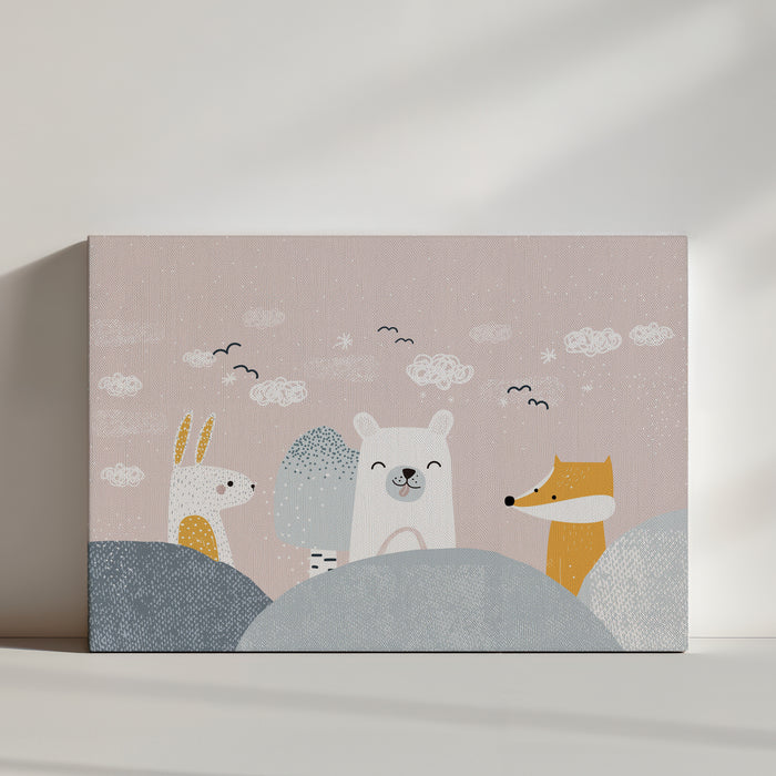 Kids room wall art – rolling hill forest with rabbit, bear and fox