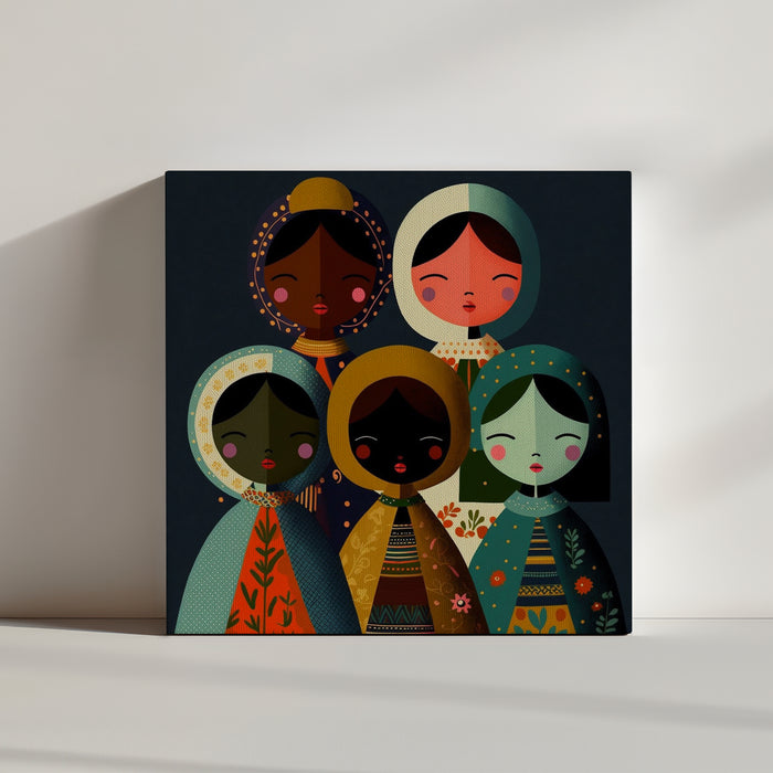 Nursery wall art with diverse Dolls of the World illustration