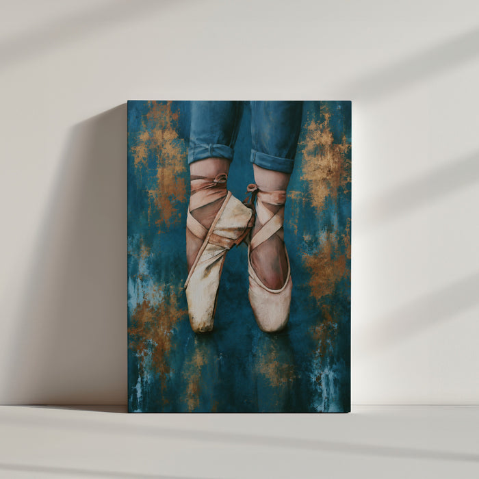 Tableau chambre fille pointes danse classique bleu doré décoration murale ambiance épurée