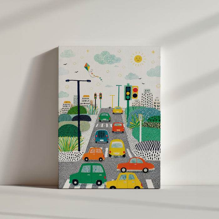 Tableau chambre garçon voitures colorées en ville style graphique enfantin ambiance minimaliste