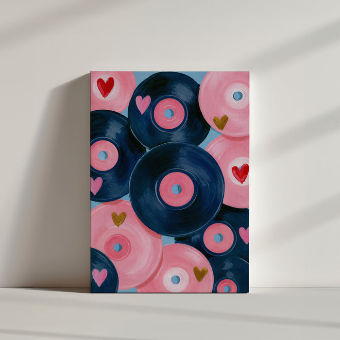 Tableau chambre vinyles roses et bleus avec cœurs dorés décoration murale pop art ambiance épurée