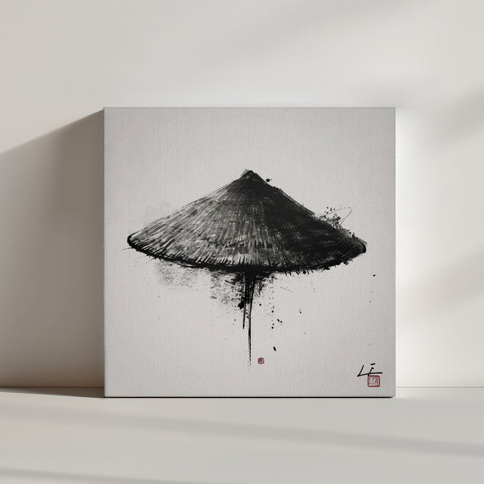 Monochrome ink-splatter background featuring a traditional Asian rice hat illustration