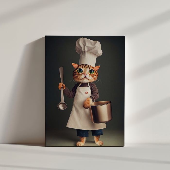 Un tableau mignon de face et de plein pieds d’un chat rayé noir et gris. Il a de grands yeux verts et il est vêtu d’un déguisement et d’une toque de cuisinier. Sur ce tableau original le chat, il lève sa main gauche, il tient une louche en métal et sur sa main gauche une casserole.