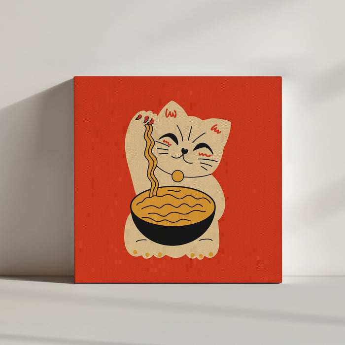 Orange poster with a beige cat seated, holding a ramen noodle bowl in its paws