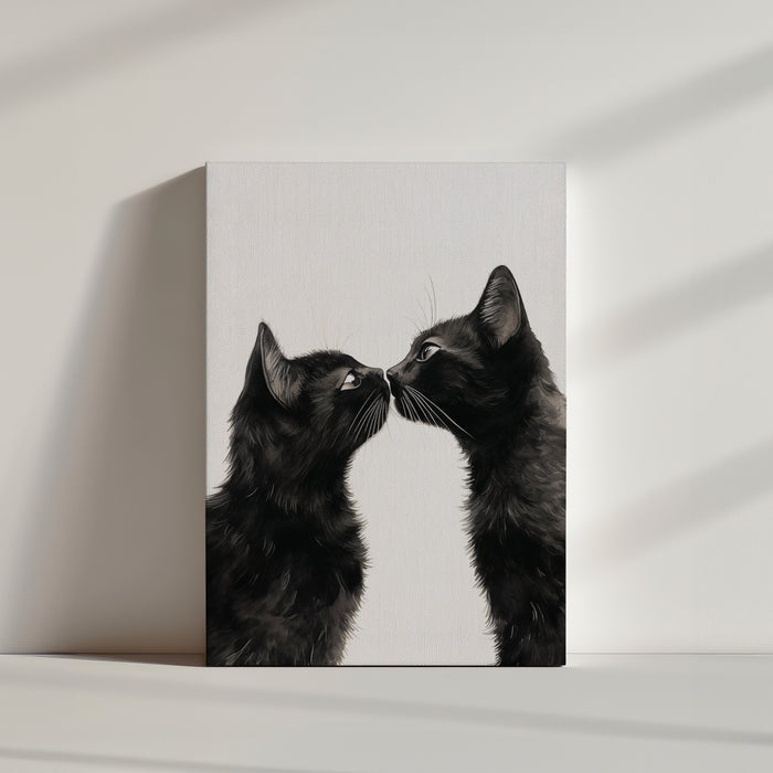 Minimalist black-and-white drawing of two black cats nose to nose, emotional feline wall art