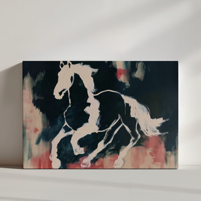 Tableau cheval blanc et noir sur fond bleu rose, toile texturée décoration murale ambiance minimaliste épurée