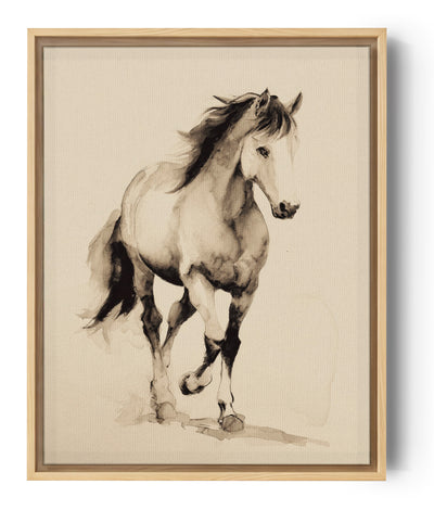 Black and white galloping horse watercolor painting in classic art style