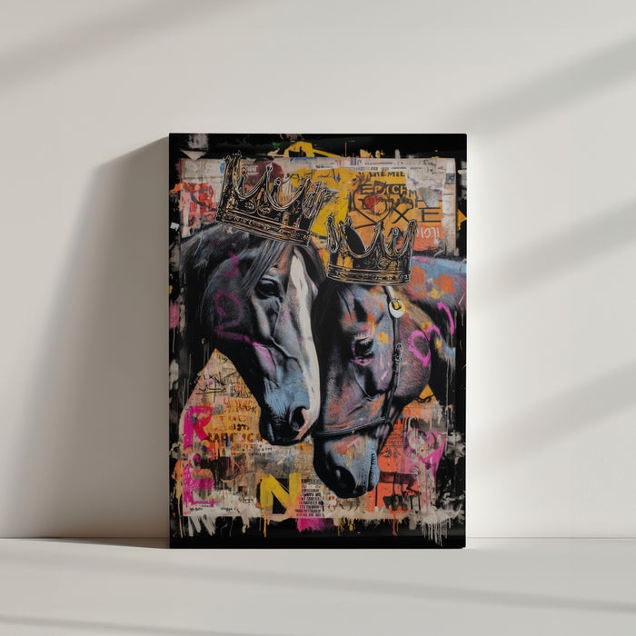 Tableau chevaux couronnés street art graffiti couleurs vives posé au sol ambiance minimaliste épurée