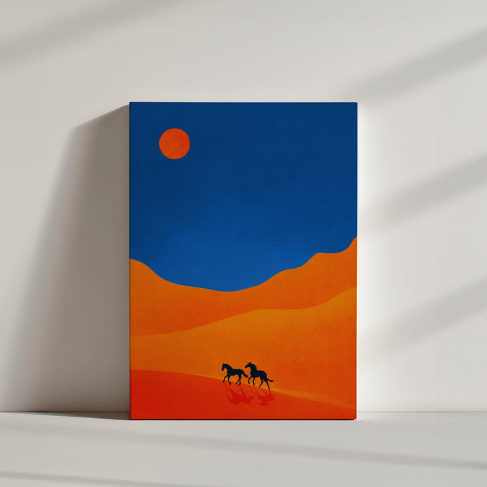 Tableau sur toile chevaux désert orange et bleu minimaliste ambiance épurée mur blanc