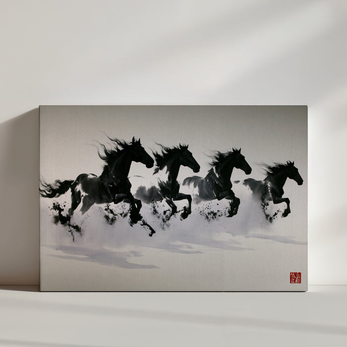 Pferdebild schwarze Pferde im Galopp, China-Tusche, asiatischer Stil, minimalistische klare Atmosphäre