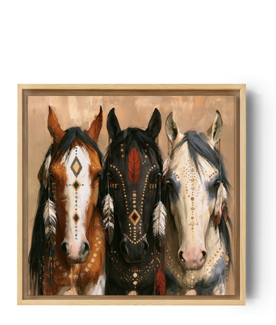 Paarden canvas met tribale motieven en veren – boho stijl in beige, bruin en zwart