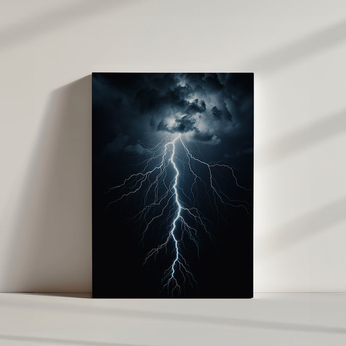 Dramatic stormy sky photo featuring dark clouds and a striking lightning bolt