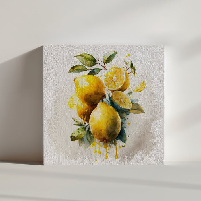 Watercolor lemon painting of a cluster of yellow lemons; juicy fruit with glossy skin, bright transparent washes, paint drips add movement
