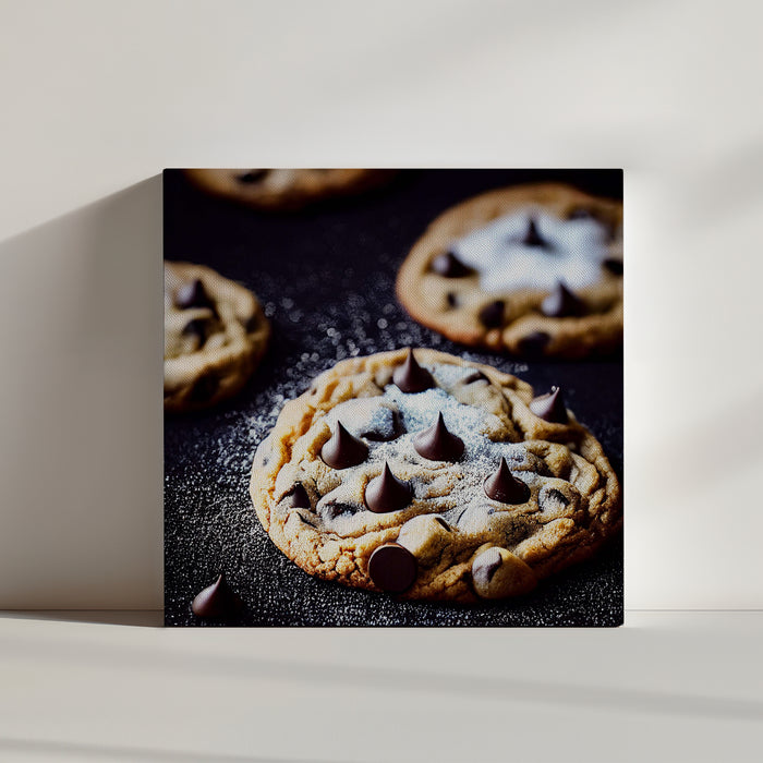 sur un fond noir une photo zoomée de cookies aux pépites de chocolats