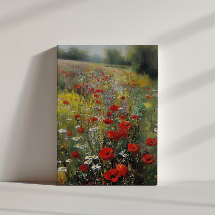 Colorful poppy meadow with daisies, impressionist nature painting for wall decor