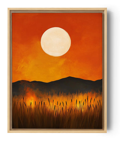 Cuadro que representa un atardecer vibrante con una gran luna blanca iluminando juncos y hierbas en tonos cálidos de naranja y amarillo, ideal para una decoración mural natural.
