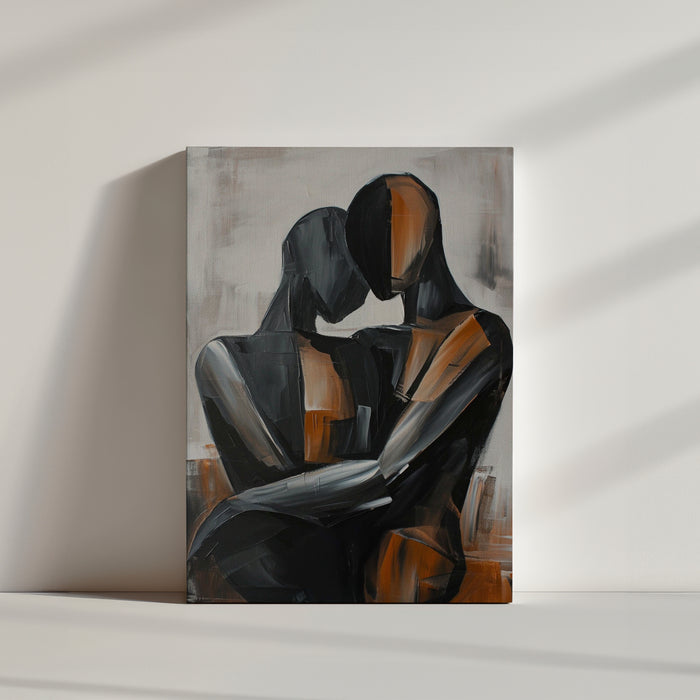 Abstract paint-effect canvas of a loving couple in brown and black on a white background
