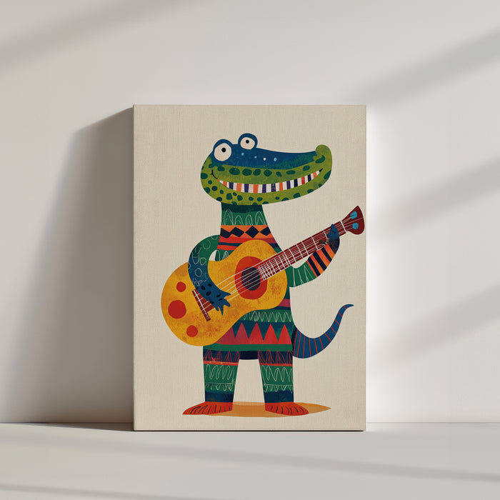 Standing colorful crocodile smiling and playing guitar in a multicolored geometric suit (red, green, blue), striped colorful teeth, solid beige background