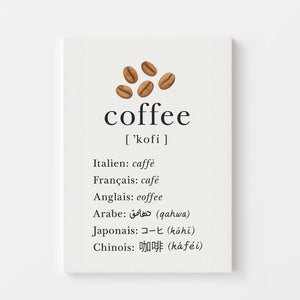 Affiche minimaliste illustrant le mot café en plusieurs langues avec grains de café, style moderne et épuré