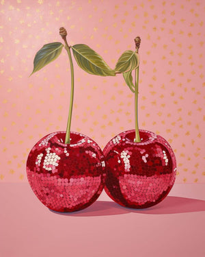 canvas, two disco ball cherries, cherry stem, pink background, gold leaf tips.