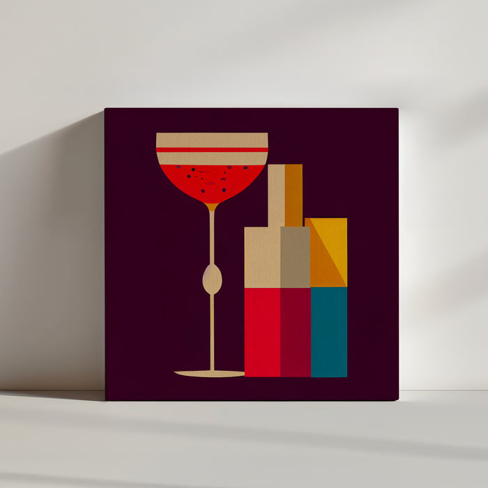 Kitchen wall decor with a colorful geometric bottle and cocktail glass illustration
