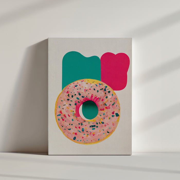Tableau pour cuisine d'un donut dessiné à la main. Crème de couleur rose et est parsemée de pépites multicolores. L'arrière-plan du tableau est composé de deux traces de peinture, un beau rouge et l'autre verte, qui ajoutent de la profondeur et de la dimension à l'ensemble. Le tableau est très esthétique et aux couleurs vives. Minimaliste, ce tableau dégage une touche de fraîcheur et de féminité combinée au donut qui ajoute vie et gourmandise