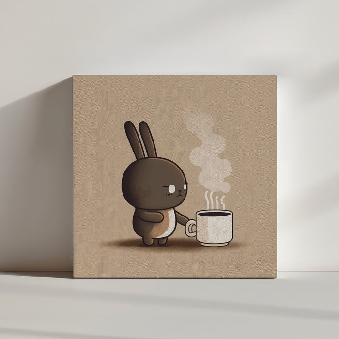 Minimalist Japanese kitchen art print with a mischievous brown rabbit caught off guard by the heat of a coffee cup on a taupe backdrop; funny, lively scene