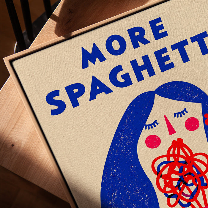 Tableau cuisine humoristique More Spaghetti Less Upssetti pop art rétro bleu rouge sur table avec cadre chêne doré