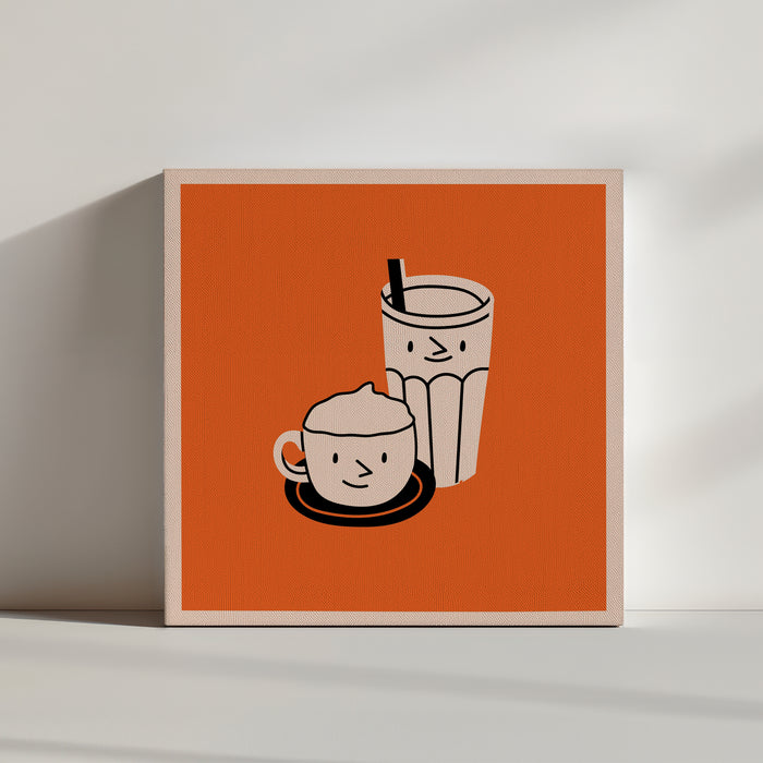 Un tableau cuisine moderne avec une illustration sur fond orange de deux petites tasses mignonnes qui sourit
