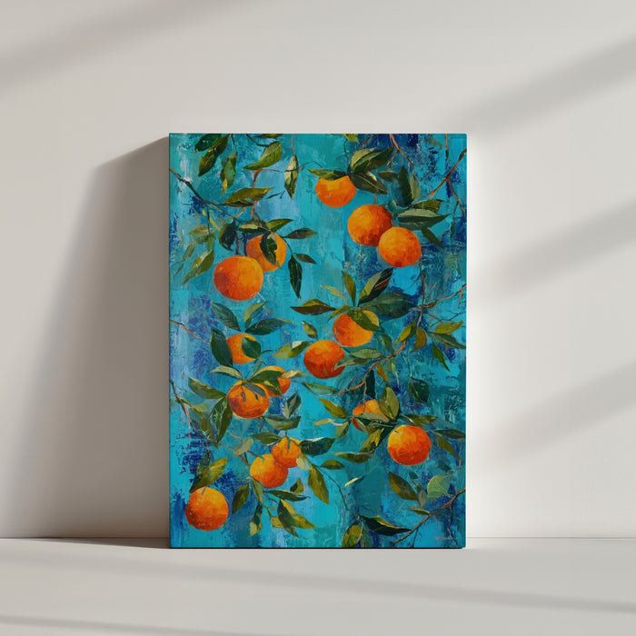 Küchen-Wandbild mit Orangen und Blättern in Türkisblau, minimalistisches, klares Ambiente