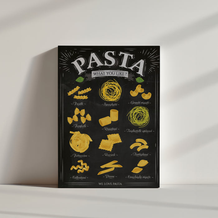 Black kitchen frame featuring pasta drawings—fusilli, spaghetti, ravioli, penne—with 'Pasta' chalk lettering centered at the top