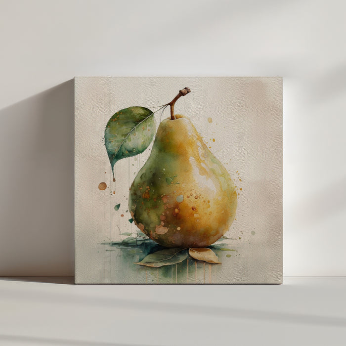 Juicy yellow pear watercolor with stem leaf, green accents and beige backdrop – fruit kitchen wall decor