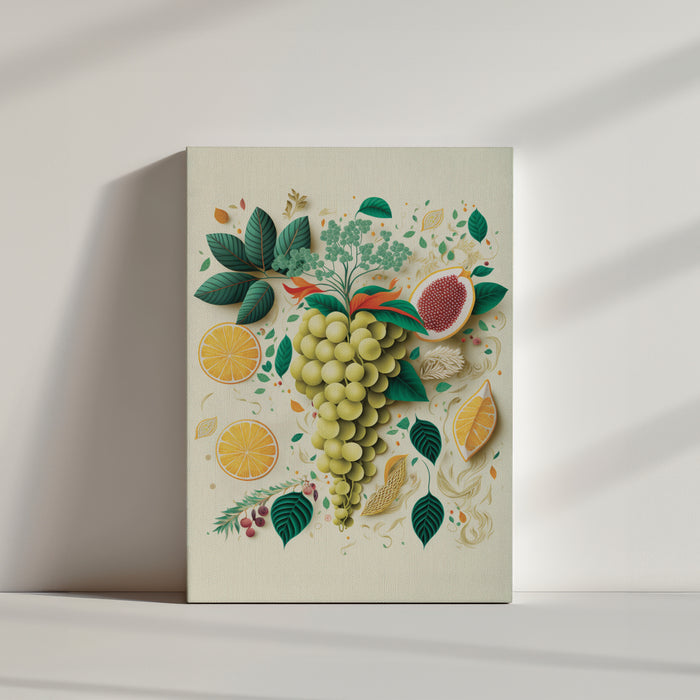 Minimalist kitchen print showing green grapes with green leaves, orange slices and flower petals; airy, summery look