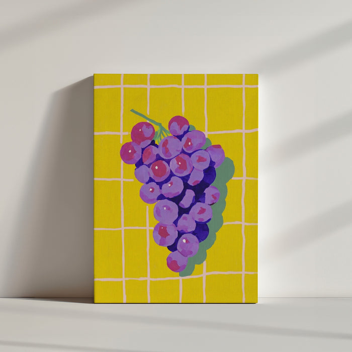 Minimalist kitchen wall decor with violet grape cluster on sunshine yellow and clean white tiles