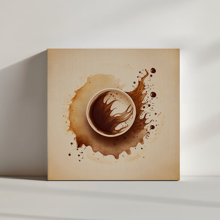 Kitchen wall decor in light neutral tones (brown and beige) – minimalist, calming style with a coffee cup and expressive abstract watercolor