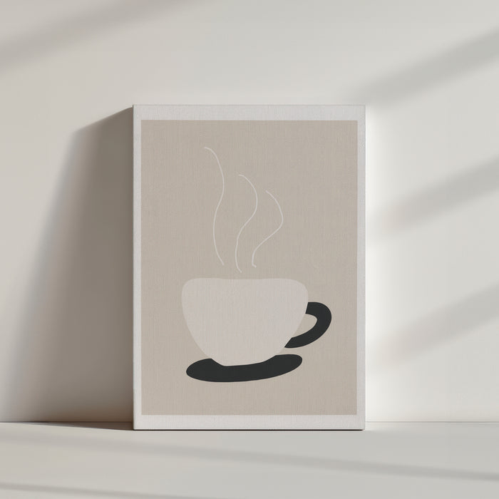 Tableau cuisine tasse café minimaliste beige blanc noir ambiance épurée mur blanc