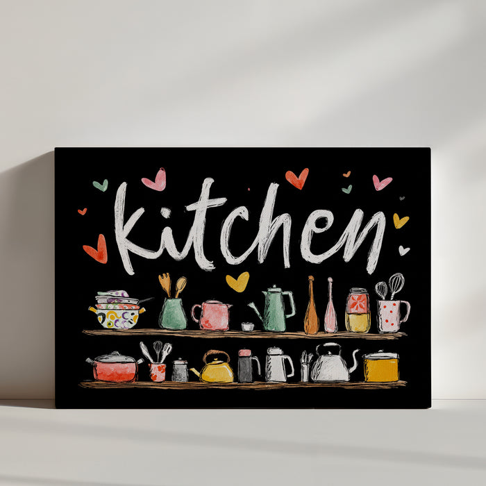 Dessin vectoriel d'ustensiles de cuisine mignons sur des étagères avec des cœurs et le mot « cuisine » en lettres blanches, coloré, fond noir, dans le style de l'art vectoriel, haute résolution, dessiné à la main, très détaillé, illustration mignonne, haute qualité, haute définition