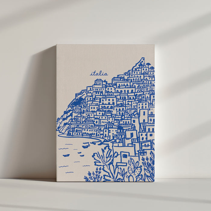 Tableau cuisine village italien Positano bleu beige style illustration toile texturée ambiance minimaliste