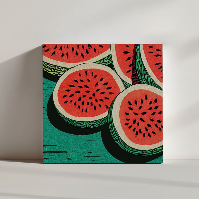 Vintage-style watermelon kitchen print, sliced fruit with seeds and rich saturated colors for retro decor