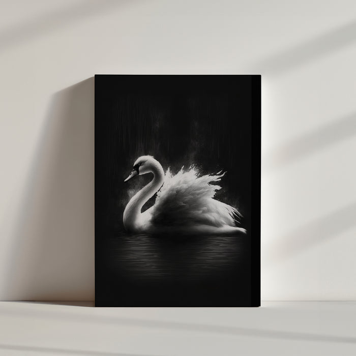 tableau cygne blanc sur fond noir, minimalisme, abstrait