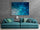 Large shades-of-blue wall art above a turquoise sofa in a modern living room