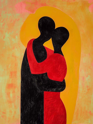 canvas painting style, abstract love couple representation, vibrant colors, red, black, and yellow.